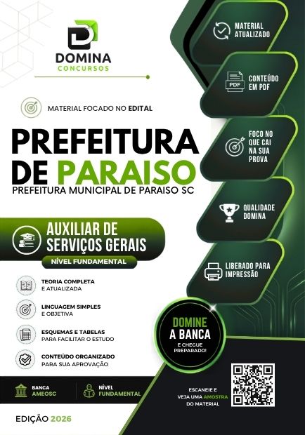 Auxiliar de Serviços Gerais Paraíso SC | Apostila 2026 1 Auxiliar de Serviços Gerais Paraíso SC | Apostila 2026