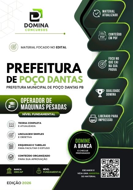 Operador de Máquinas Pesadas Poço Dantas PB | Apostila 2026 1 Operador de Máquinas Pesadas Poço Dantas PB | Apostila 2026